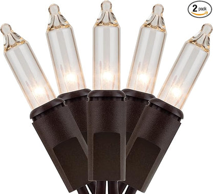 YULETIME 200 Clear Christmas Lights with Brown Wire, Pack of 2 Strands of 21 ft 100 Count UL Certified Incandescent Mini String Light (Clear - Brown Wire)