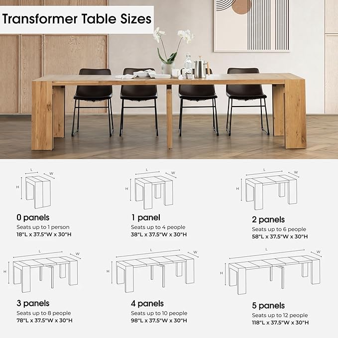 Transformer Table - Solid Wood Extendable Dining Table with 2 Benches, Seats 2-12, Expandable Table, Space-Saving Furniture, Expandable Furniture, Scandinavian Oak, Natural Finish (Table + 2 Benches)
