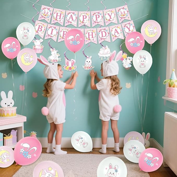 Pink Bunny Birthday Party Decorations for Gilrs - Rabbit Party Supplies including Happy Birthday Banner, Spirals, Cake Toppers, Table Centerpieces, Balloons (LQ)