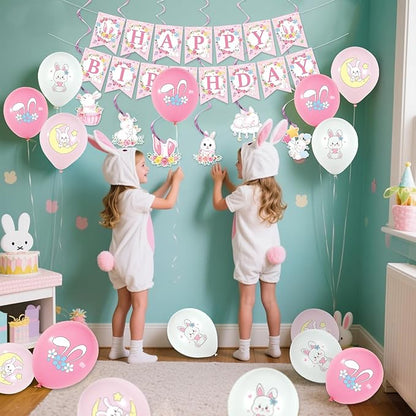 Pink Bunny Birthday Party Decorations for Gilrs - Rabbit Party Supplies including Happy Birthday Banner, Spirals, Cake Toppers, Table Centerpieces, Balloons (LQ)