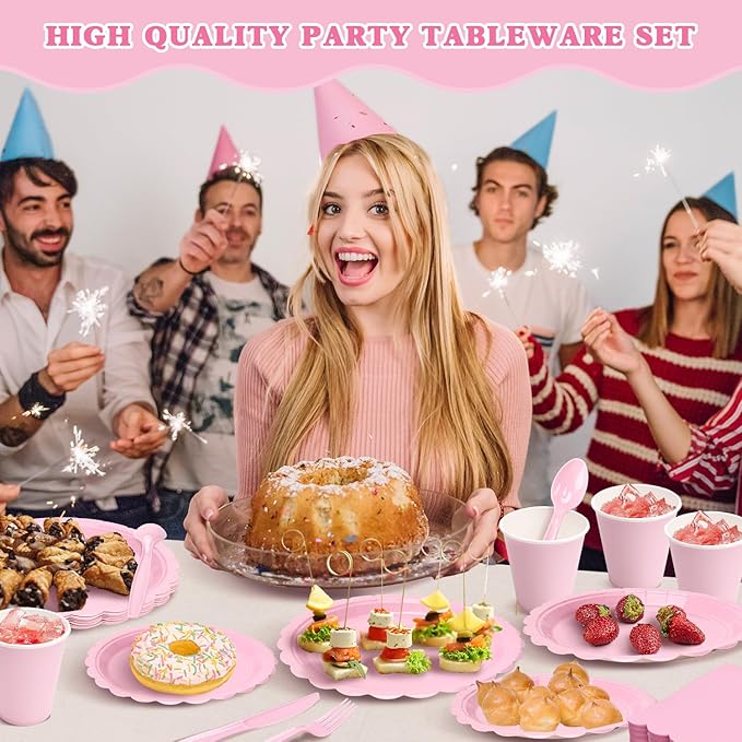 Vyntra 350 PCS Disposable Plates for Party, Paper Plates & Napkins Set with Cups, Knives, Forks, Spoons, 7'' Dessert and 9'' Dinner Plates for Baby Girl Shower, Birthday, Valentine’s Day - Light Pink