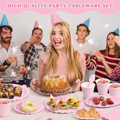 Vyntra 350 PCS Disposable Plates for Party, Paper Plates & Napkins Set with Cups, Knives, Forks, Spoons, 7'' Dessert and 9'' Dinner Plates for Baby Girl Shower, Birthday, Valentine’s Day - Light Pink
