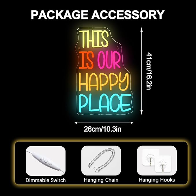 NOSUN This is Our Happy Place Neon Sign for Wall Decor Colorful Letter Neon Light Cheerful LED Neon Signs with USB for Gym Classroom Bedroom Children's Playground Bar