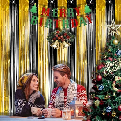 BRAVESHINE 3.2 x 8.2ft Black Gold Foil Fringe Curtains - 2 Pack Metallic Photo Booths Party Streamers Backdrop for New Years/Boy/Men/Birthdays/Engagement/Homecoming/Farewell/Prom/Christmas Decorations