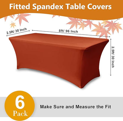 Spandex Table Cloths for 8 Foot Rectangle Tables-6 Pack Rust Fall Thanksgiving Fitted Stretch Table Covers-Elastic Tablecloth for Party, Vendor Booth Display, Banquet Event, Craft Trade Show