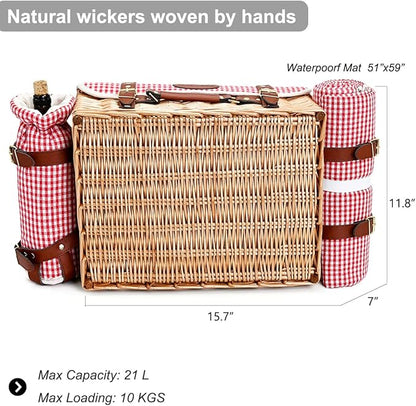 Multifunctional Wicker Picnic Basket Set for 4 with Blanket and Picnic Table, Insulated Picnic Set with Full Tablewares for Camping Outdoor Couples, Gingham