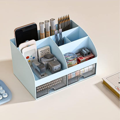 Desk Organizer with 6 Compartments and 2 Drawers, Plastic Makeup Organizer, Pen Holder for Desktop Storage, Desk Organization for School, Home, Office Supplies (Blue)