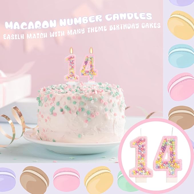 Birthday Candles - Number 14 Candle, Colorful Macaron Candles, 14 Birthday Decorations for Girls, Sweet Cake Decorations, Sweet Theme Party Supplies (Pink)