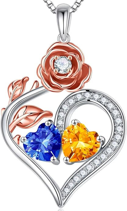 Iefil Rose Heart Birthstone Necklaces for Women - 925 Sterling Silver Double Birthstone Necklace, Anniversary Birthday Gifts for Women, Jewelry Gifts for Wife Her