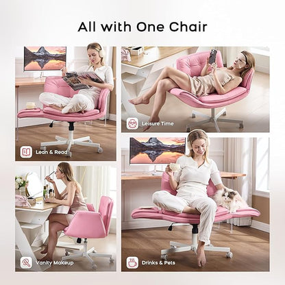 Criss Cross Chair with Armrests & Wheels, PU Leather Vanity Chair, Comfortable Adjustable Swivel Computer Office Desk Chairs for Home, Make Up, Bed Room (Pink)