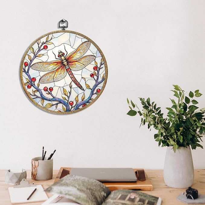 Cute Flower Dragonfly Gifts for Women Men, Garden Dragonfly Decor Framed Round Wall Decor Canvas Wall Art Hanging Prints Artwork for Home Farmhouse Bedroom Living Room Decorations 10.2X10.2 Inch