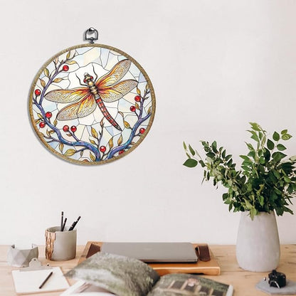 Cute Flower Dragonfly Gifts for Women Men, Garden Dragonfly Decor Framed Round Wall Decor Canvas Wall Art Hanging Prints Artwork for Home Farmhouse Bedroom Living Room Decorations 10.2X10.2 Inch