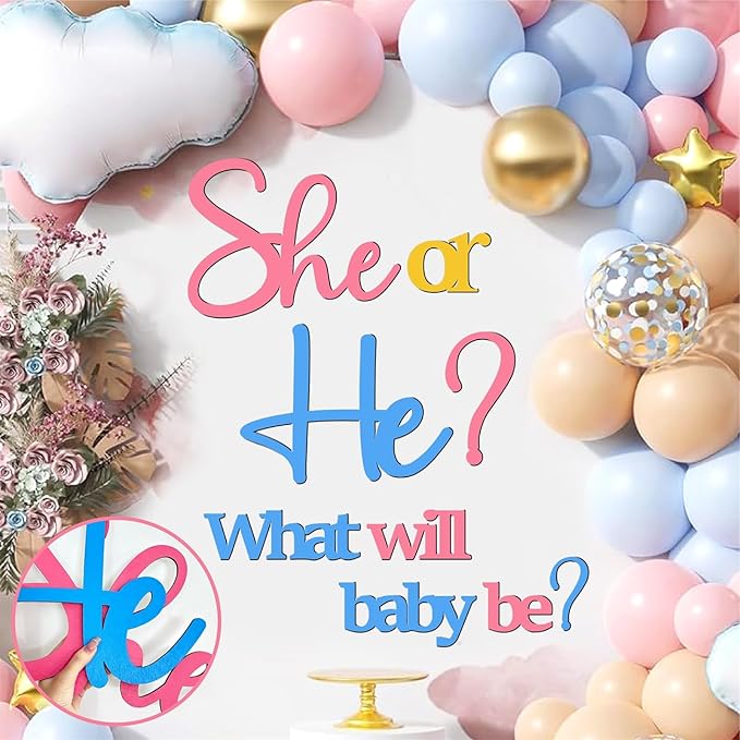 Large Wooden He or She Gender Reveal Sign Decals with 30 PCS Pink Blue Balloons 12 Inch Oh Baby Shower Sticker What Will Baby Be Backdrop Decoration Girl or Boy Sign for Pregnancy Backdrop Photo Props