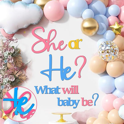 Large Wooden He or She Gender Reveal Sign Decals with 30 PCS Pink Blue Balloons 12 Inch Oh Baby Shower Sticker What Will Baby Be Backdrop Decoration Girl or Boy Sign for Pregnancy Backdrop Photo Props