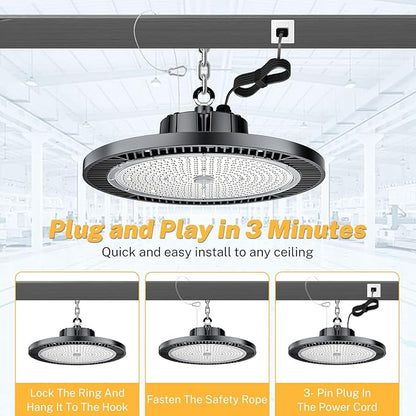 UFO LED High Bay Light Super Bright 200W 5000K with Plug&5ft Cabl high Bay led Shop Lights for Gym Lighting,led Lights for Garage, barn,Warehouse 4PACK