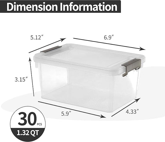 Citylife 1.3 QT 30 Packs Small Storage Bins Plastic Storage Container Stackable Box with Lids for Organizing, Clear White