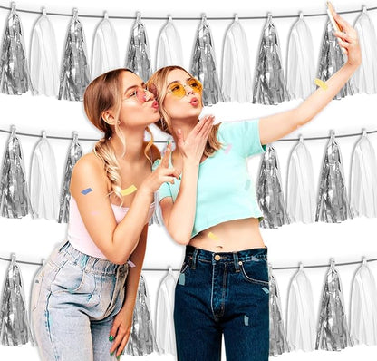 3P White Silver Tassel Banner Garland Metallic Foil Fringe Banner Tinsel Tassels Streamer Banner Backdrop for Parade Floats, Graduation Bridal/Baby Shower Retirement Party Decorations