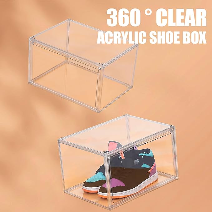 Acrylic Shoe Storage Boxes with Magnetic Door - 360° Clear Stackable Shoe Display Box Set, Plastic Shoe Cabinet Rack Box for Sneakers Heels Shoes (1, Clear, XL - Side Open)