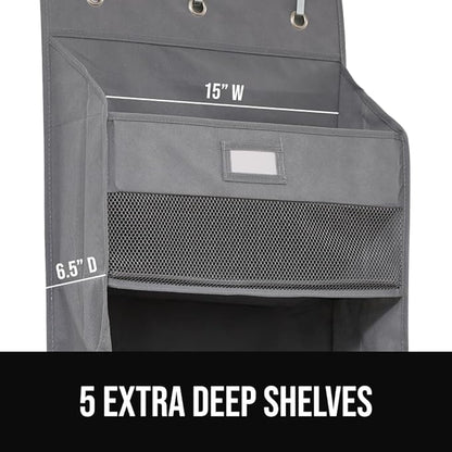 GORILLA GRIP Over The Door Organizer Storage, 5 Deep Hanging Shelves, Holds 50lbs, Closet Organizers Shelf for Bedroom, Shoes, Bathroom, Nursery, Dorm Essentials, 3 Metal Hooks, 58x15 Inches, Gray