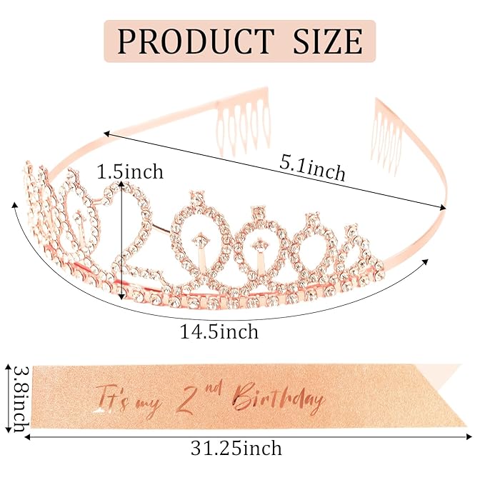 CIEHER 2nd Birthday Crown and Sash, It's My 2 Bday Sash, 2nd Birthday Decorations Rose Gold