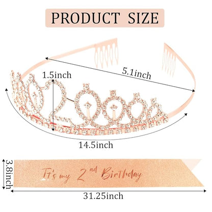 CIEHER 2nd Birthday Crown and Sash, It's My 2 Bday Sash, 2nd Birthday Decorations Rose Gold