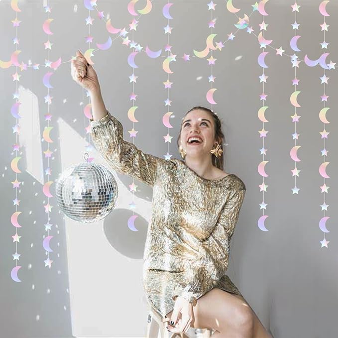 Iridescent Disco-Holographic Party-Decorations Moon-Star Garland - 62Ft Twinkle Little Star Hanging Neon Streamers Banner,Eid Ramadan Mubarak Decoration Birthday Wedding Baby Shower Decor Panduola