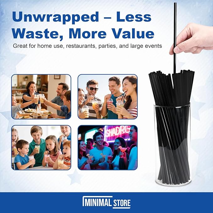 100 PCS Black Plastic Disposable Drinking Straws – 7.75" x 0.24", Unwrapped Straws Plastic for Party, Home, Travel – BPA-Free, Value Pack