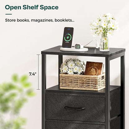Huuger Nightstands Set of 2, End Tables with Charging Station, Side Tables with Fabric Drawers, Bedside Tables with USB Ports and Outlets, Night Stands for Bedroom, Black