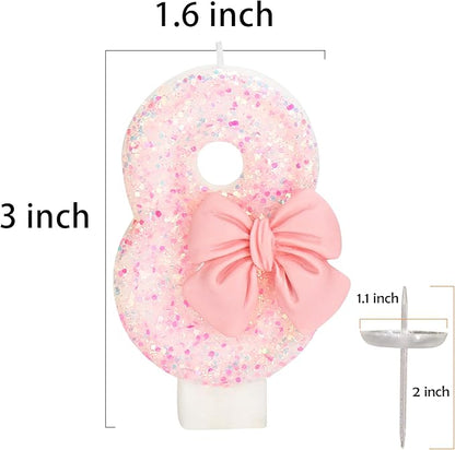 Birthday Candle for Cake, 8 Candle - Pink Glitter with Bowknot, 2.76 inch Happy Birthday Candle, Cake Topper Decoration for 8 Years Old Birthday Party (Number 8)