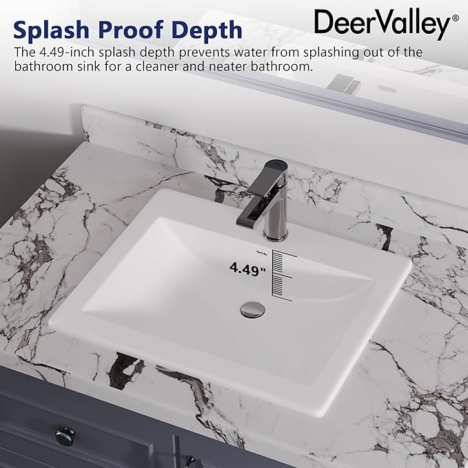 DeerValley Compact Rectangle Drop-In Sink 21x18 Inch, White Ceramic Bathroom Basin with Overflow Guard