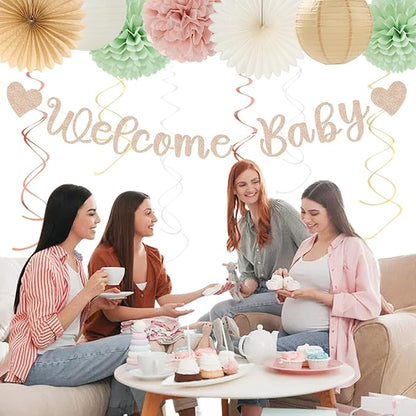 Sage-Green Pink-Beige Baby-Shower Party-Decorations - 36pcs Welcome Home Banner Sign,Girl Paper Lanterns,Neutral Streamers Garland,Boho Tissue Pom Poms Flowers Fans Backdrop Decor Burgleda