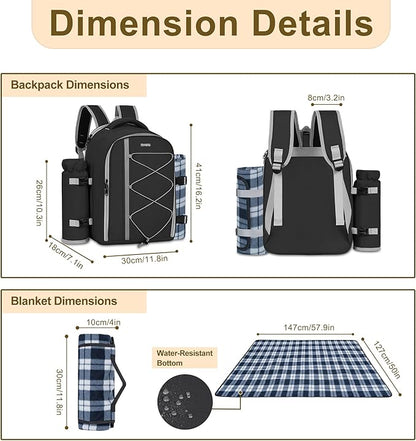 Picnic Backpack for 2 Persons with Insulated Leakproof Cooler Compartment, Cutlery Sets, Wine Holder, Fleece Blanket, Wedding Gifts for Couples, Perfect for Beach, Camping, Hiking, Black