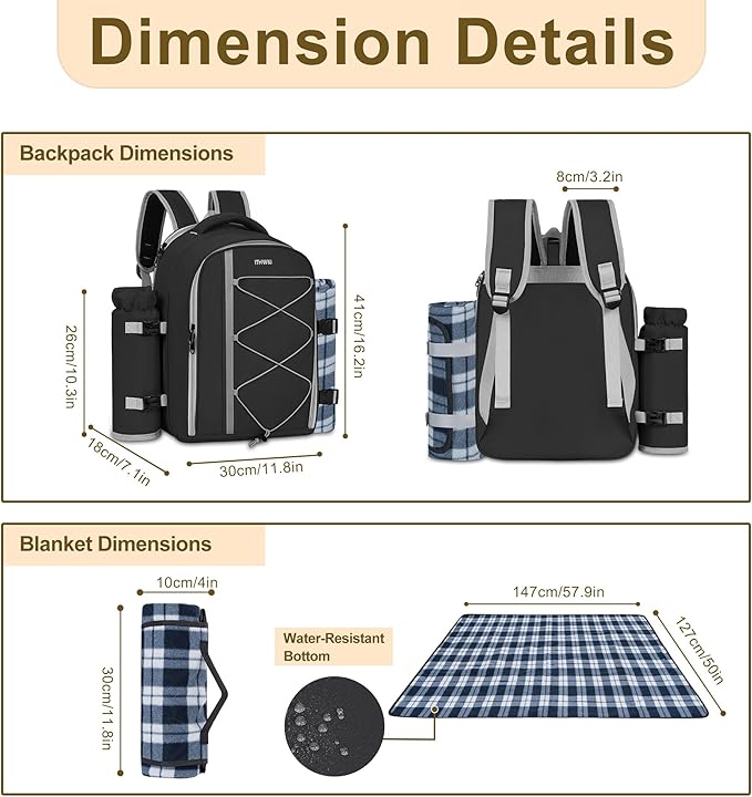 Picnic Backpack for 4 Persons with Insulated Leakproof Cooler Compartment, Cutlery Sets, Wine Holder, Fleece Blanket, Wedding Gifts for Couples, Perfect for Beach, Camping, Hiking, Black