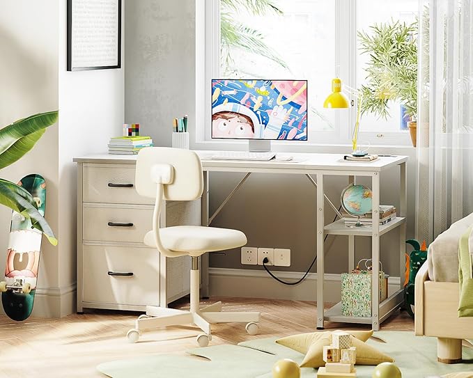 AODK 51 Inch Computer Desk with Drawers & USB Power Outlets - Reversible Home Office Desk with Storage Shelves, Work from Home, Modern Work/Writing/Study Table for Bedroom, White