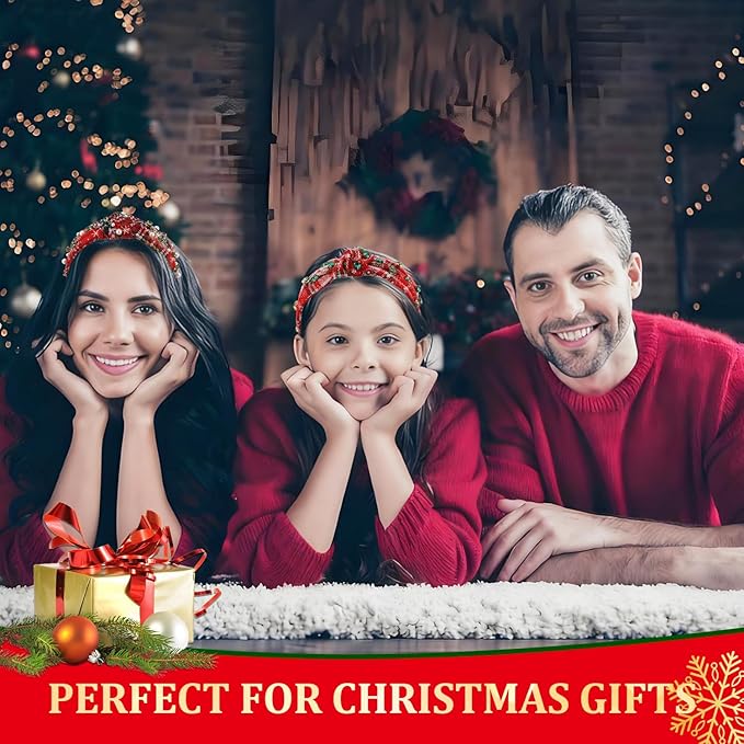 2 Pcs Christmas Headbands for Women Pearl Rhinestone Knot Headband Crystal Jeweled Hair Band Wide Top Knotted Headband Christmas Hair Accessories Holiday Party Outfits Decorations(Snowflake Plaid)