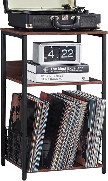 LELELINKY 3 Tier End Table,Record Player Stand with Storage Up to 100 Albums, Turntable Stand for Vinyl, Walnut Couch Nightstand Side Tables for Living Room Bedroom