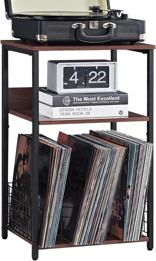 LELELINKY 3 Tier End Table,Record Player Stand with Storage Up to 100 Albums, Turntable Stand for Vinyl, Walnut Couch Nightstand Side Tables for Living Room Bedroom