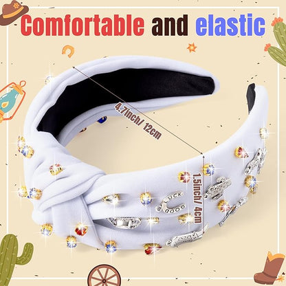 PANTIDE Western Jeweled Knotted Headband - Cowgirl Boots Guitar Cactus Rhinestone Crystal Embellished Headband Wide Top Knot Fashion Hairband Hair Accessories Birthday Gift for Women Girls (White)