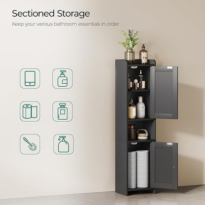 Bathroom Cabinet with 2 Doors, 7.3 x 9.8 x 40.4 Inches, Small Freestanding Storage Cabinet with Adjustable Shelf, Floor Cabinet for Small Spaces, Bathroom, Entrances, Kitchen, Black