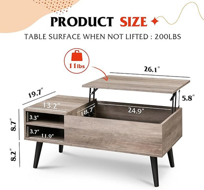 WLIVE Lift Top Coffee Table for Living Room,Small Coffee Table with Storage, Adjustable Shelf and Storage Compartment, Mid Century Modern Living Room Table, Greige