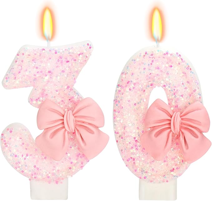 30th Birthday Candles for Cake, Pink Bow Number Cake Candles, 2.76 inch Number Happy Birthday Candle, Cake Topper Decoration for Birthday Party (Number 30)