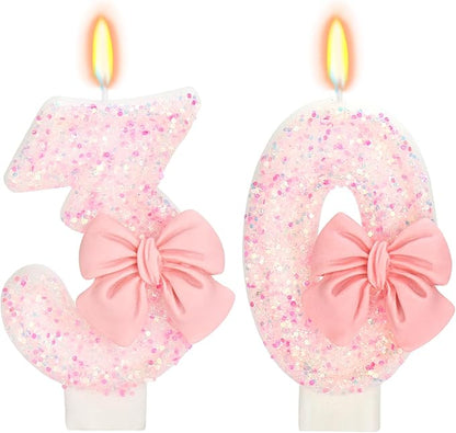 30th Birthday Candles for Cake, Pink Bow Number Cake Candles, 2.76 inch Number Happy Birthday Candle, Cake Topper Decoration for Birthday Party (Number 30)