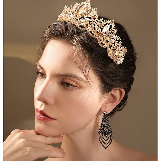 Gold Tiara for Women Champagne Crown for Girls with Comb Wedding Princess Birthday Crystal Rhinestones Headbands for Prom Bridal Party Halloween Costume Christmas Gift