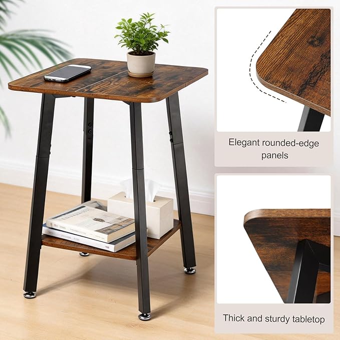King Oasis 2-Tier End Table, Wooden Side Table with Storage Shelf, Sturdy Couch Sofa Side Table for Living Room Bedroom,Brown