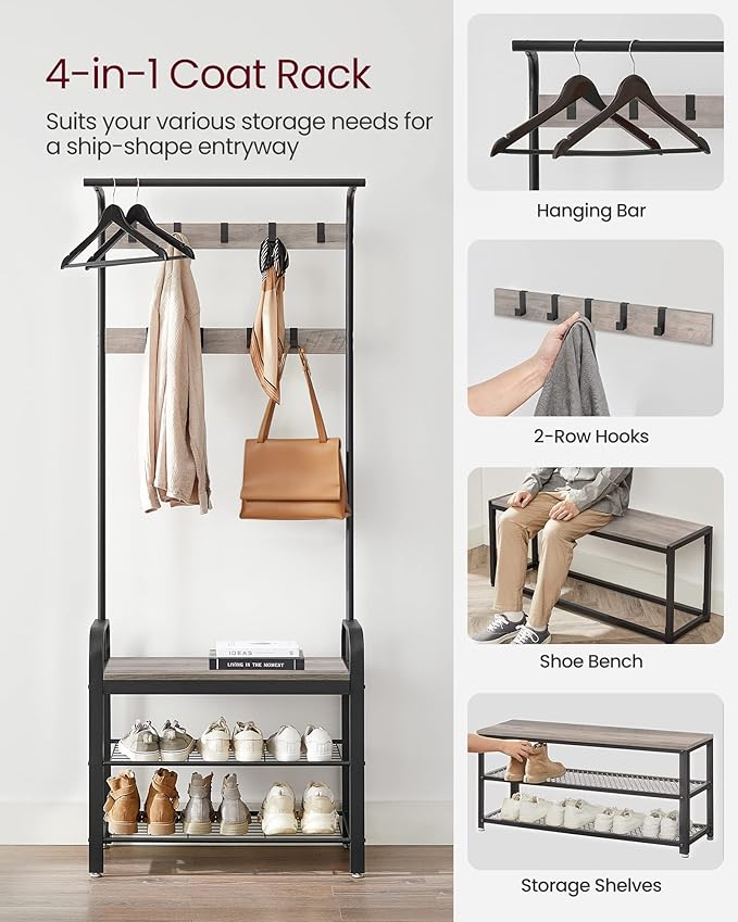 VASAGLE Coat Rack, Hall Tree with Shoe Bench for Entryway, Entryway Bench with Coat Rack, 4-in-1, with 9 Removable Hooks, a Hanging Rod, 13.3 x 28.3 x 72.1 Inches, Greige and Black UHSR40MB
