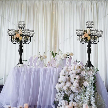Crystal Tea Light Candle Holders Set - 14" L x 22.5" H Matte Black Metal & Sparkling Accents, Wedding & Party Centerpiece Decor(2, Black)