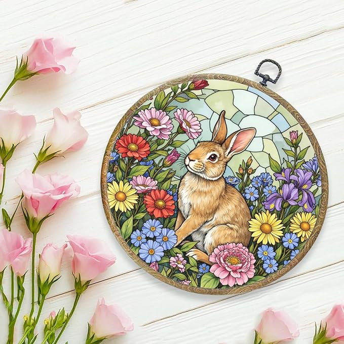 Cute Flower Rabbit Bunny Lovers Gift Garden Decor Framed Round Wall Decor Canvas Wall Art Hanging Prints Artwork for Home Porch Bedroom Housewarming Birthday Christmas Party 10.2X10.2 Inch