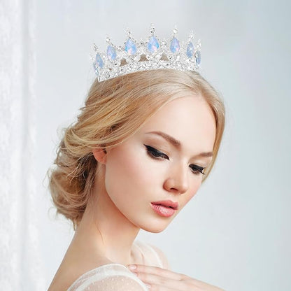 Queen Crown Rhinestone Wedding Crowns and Tiaras for Women Costume Party Hair Accessories Princess Birthday Crown Crystal Bridal Crown (Silver Fantasy Light Blue Crown)