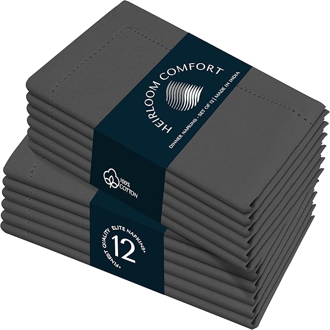 Grey Cloth Napkins 18x18 Inch - Set of 12-100% Cotton, Soft, Durable, Absorbent, Washable - Hemstitch Mitered Edges - Perfect for Dinner, Fall, Weddings, Formal Events, Everyday