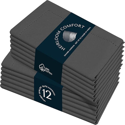 Grey Cloth Napkins 18x18 Inch - Set of 12-100% Cotton, Soft, Durable, Absorbent, Washable - Hemstitch Mitered Edges - Perfect for Dinner, Fall, Weddings, Formal Events, Everyday